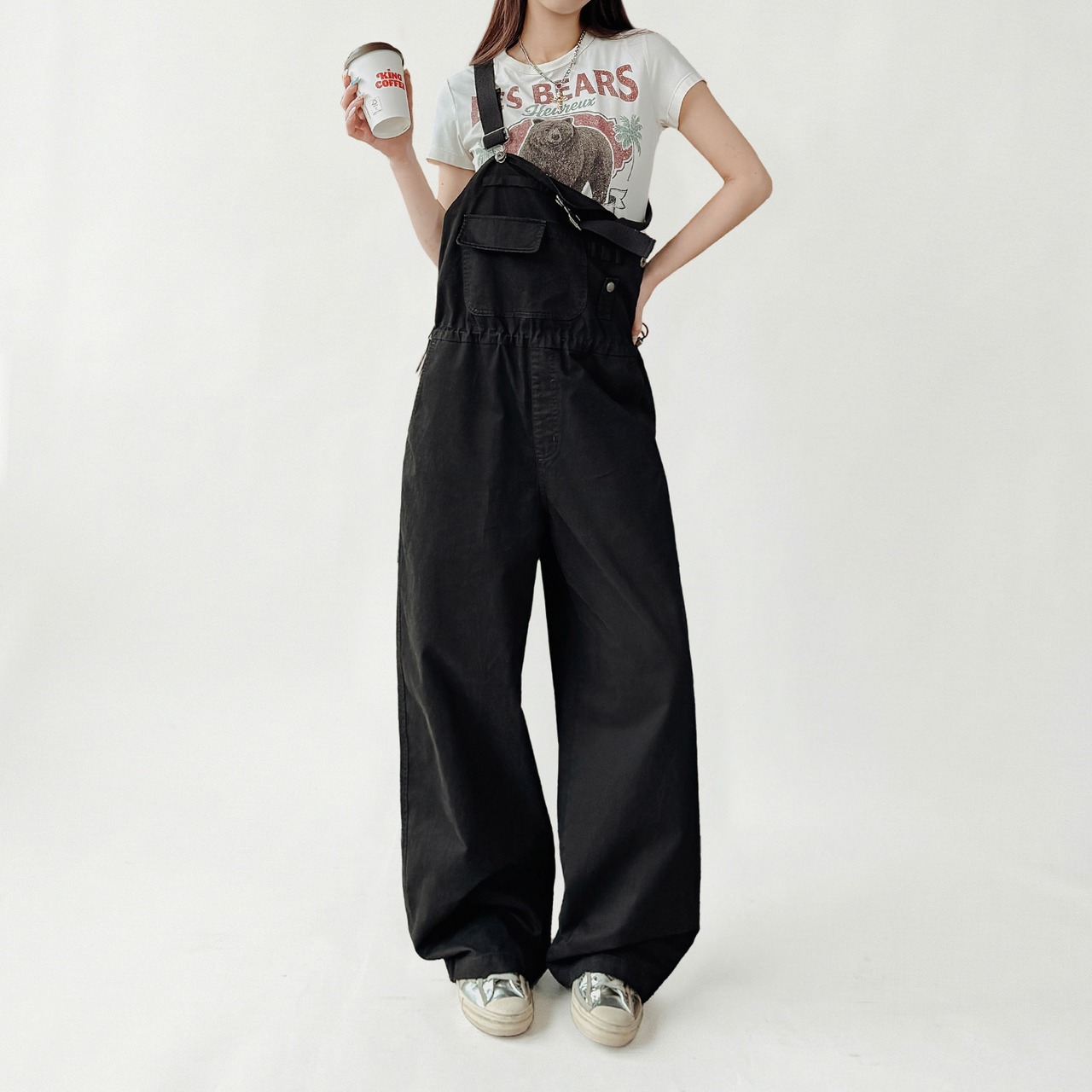 Black Loose Fit Wide-leg Overall / ブラック ルーズ フィット ワイドレッグ サロペット パンツ オーバーオール