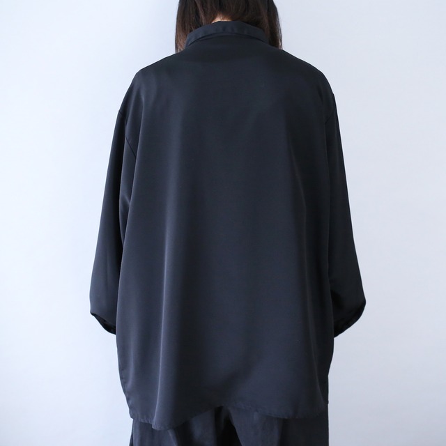 "刺繍" fry-front and pleats design black one-tone mode shirt
