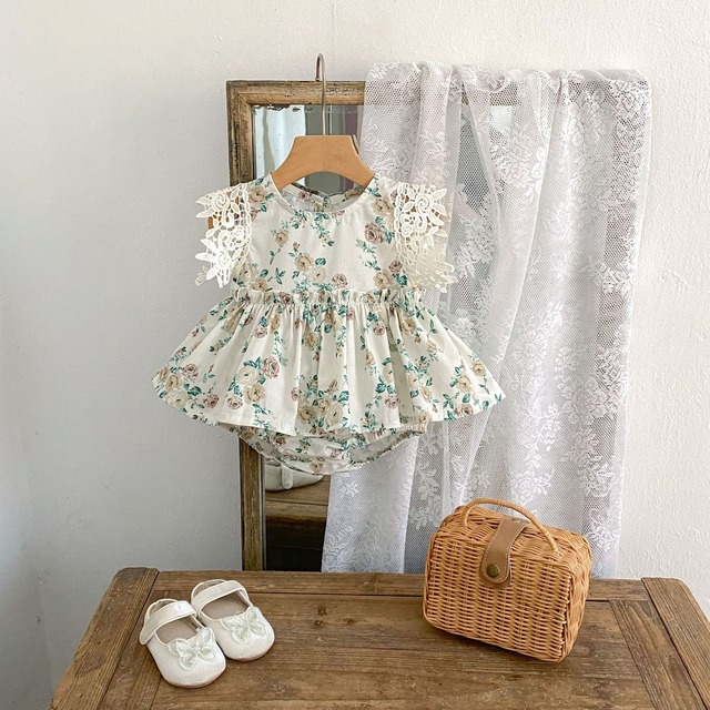 【BABY】ローズプリントレースフリル袖ワンピースロンパース - 8