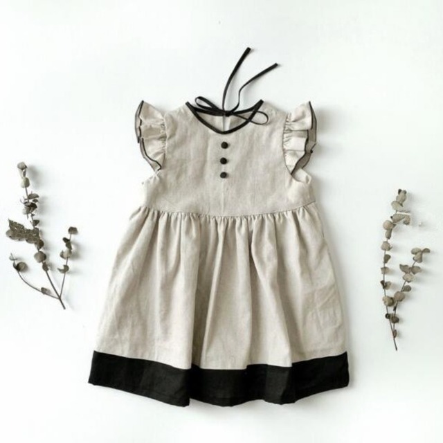 インスタ風春夏女の子 リネン フライスリーブ フリル プリンセスパッチワーク森ガール ワンピース