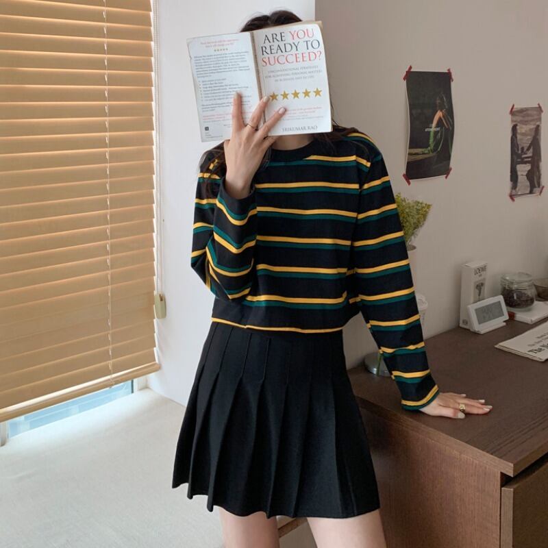 スタイルスタンダードスプリングオータムストライプTシャツ トップス プリーツスカート ロング レトロ 春物 秋物 1号婦人4831399704