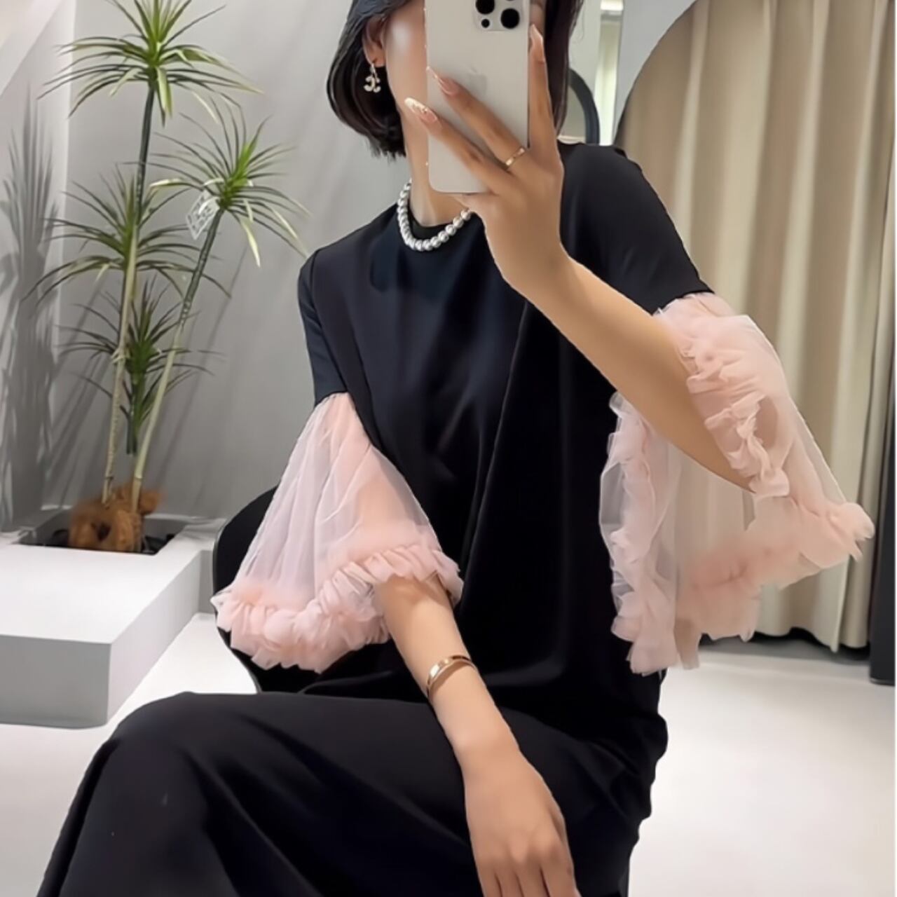 チュール スリーブ ワンピース