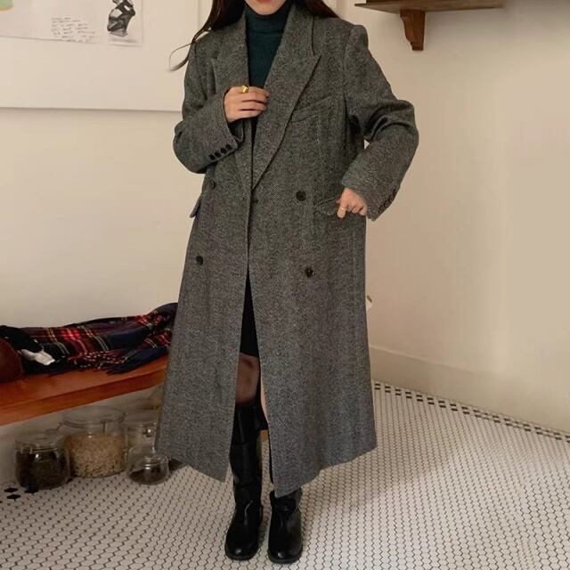【予約販売】チェスターコート レディース アウター ブラウン ブラック ヘリンボーン ダブル ロング丈 こなれ感 大人可愛い シンプル ベーシック エレガント おしゃれ 韓国 トレンド フリー