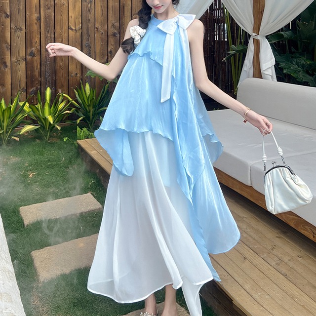【CHERRYシリーズ】ワンピース 3色展開 ノースリーブ ゆったり ブルー ベージュ パープル S M L