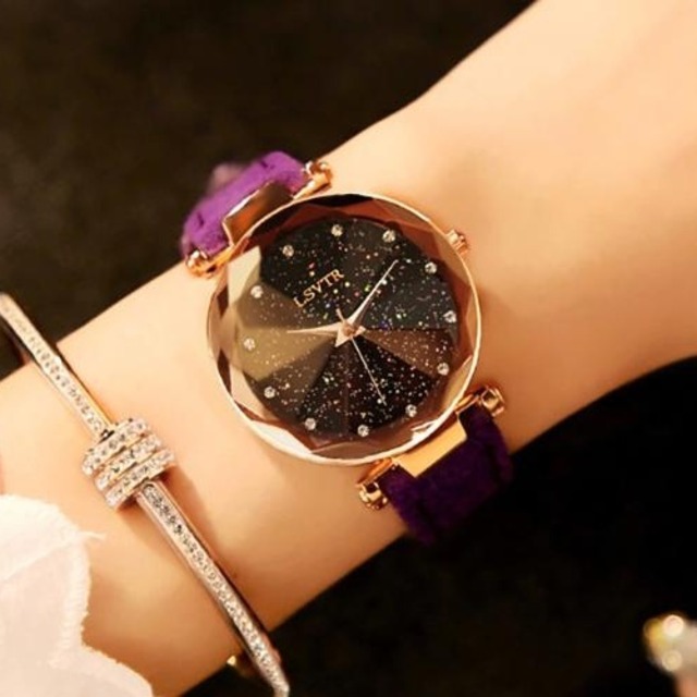 レディース　腕時計　パープル　紫　ラインストーン　レザーストラップ　ブレスレットウォッチ　クォーツ腕時計　ドレスウォッチ　人気　高級　Trendy-31-purple