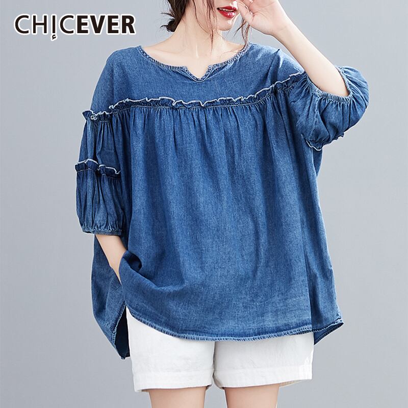CHICEVERフリルTシャツレディースVネックバタフライスリーブパッチワークシャーリングオーバーサイズデニムTシャツ2020サマータイド ラッフル 夏物 6base514262397098
