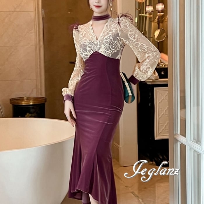 パーティ ドレス バイカラー ワンピース ベロア調 レース フェザー ♪(MB182)η