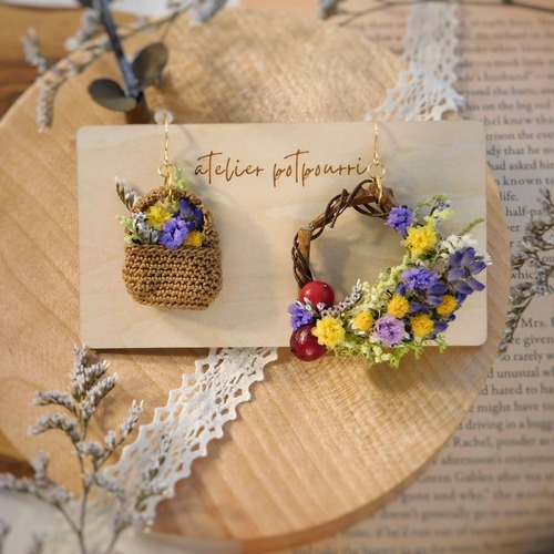 【生花風】ドライフラワーリース×カゴピアス/イヤリング❀