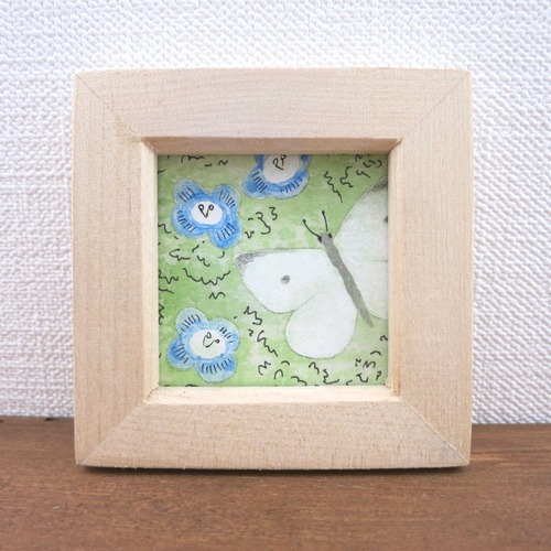 【日本画原画】オオイヌフグリとモンシロチョウ③ 絵画 ミニ額付き ミニアートパネル インテリアアート