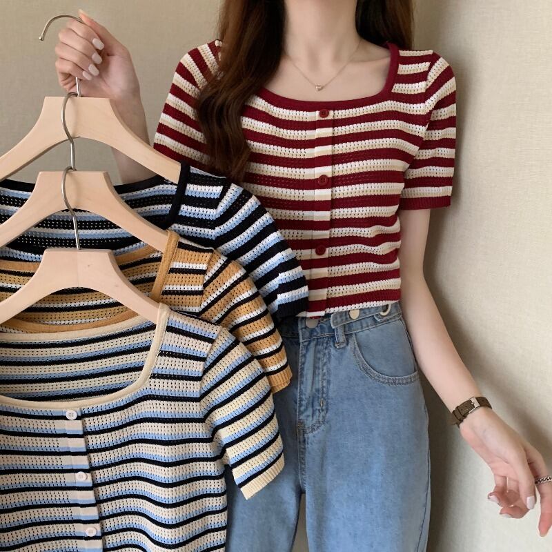 サマースリムストライプセーター ショートTシャツ シャツ トップス 夏物 スクウェア YY-ファッション60081929503