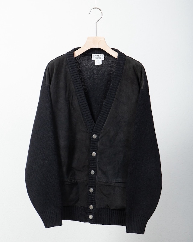 suede leather switching design wool knitted cardigan / Made In ITALY