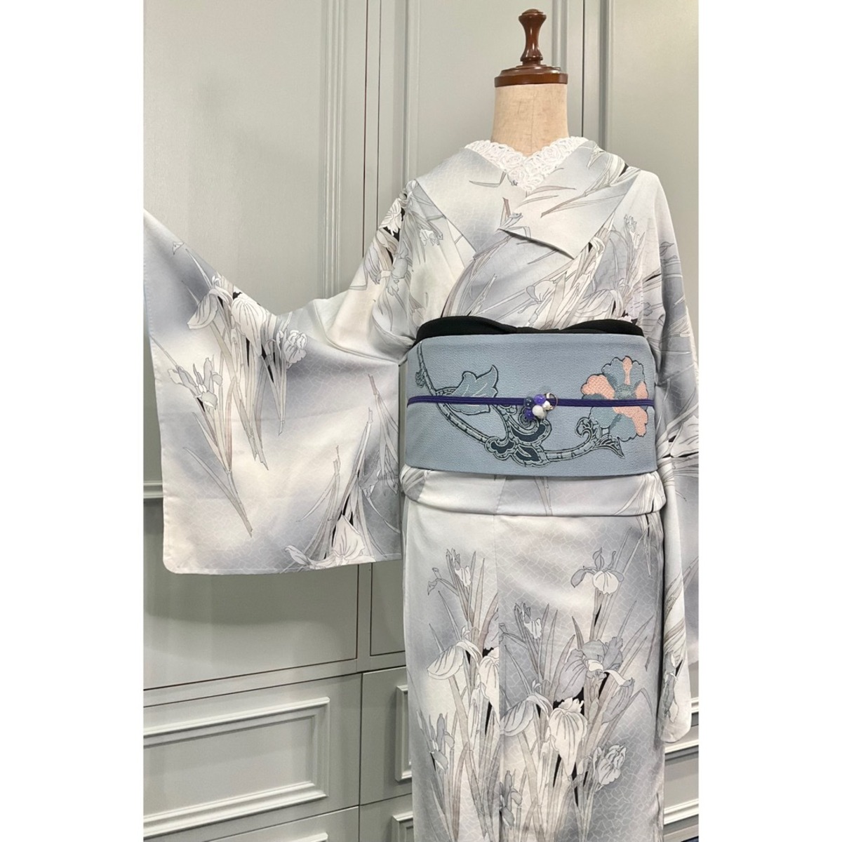 long＊モノクロの世界に咲く＊未使用品＊リサイクル小紋キモノ 0715 