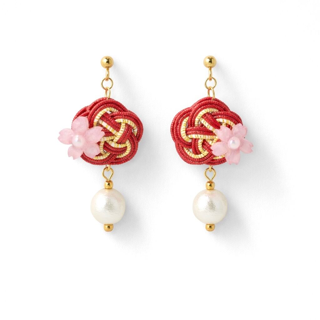 梅と桜の水引ピアス(コットンパール)|赤