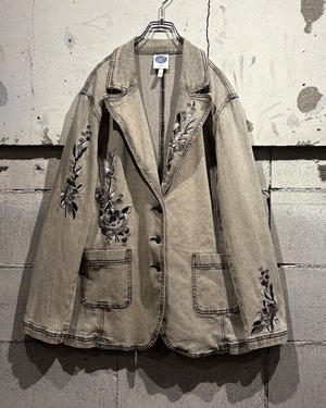 【Caka otto】  Flower Embroidery Fade Denim Tailored Jacket