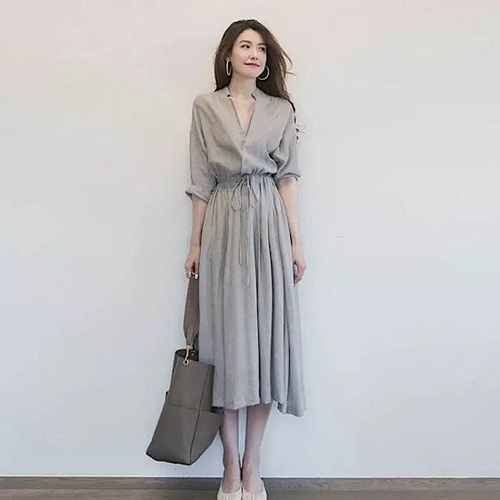 ワンピース フレア シフォン シャツワンピース ミモレ丈 Vネック フロントボタン レディース 無地 夏 大きいサイズ ゆったり 春 シンプル 清楚 カジュアル 大人スタイル スプリングウェア