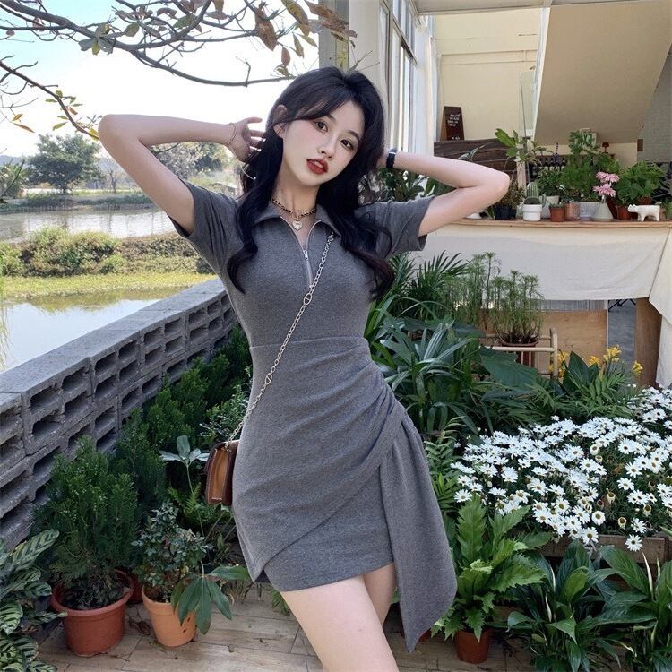 【新作】【送料無料】 夏の半袖ポロドレス女性の新しい不規則なウエストカバーヒップスカート痩身ホットガールスカート 0210181545246