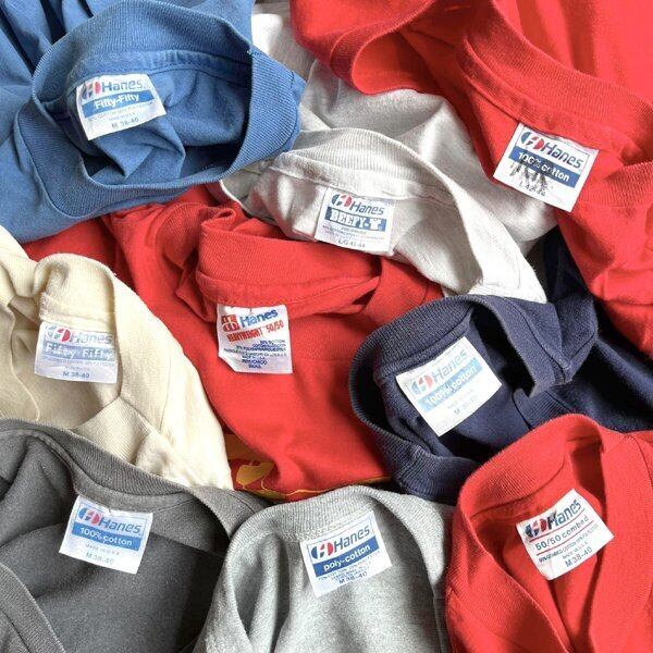 1点物◇USA製ヘインズ90sビンテージ青プリントTシャツ古着メンズML