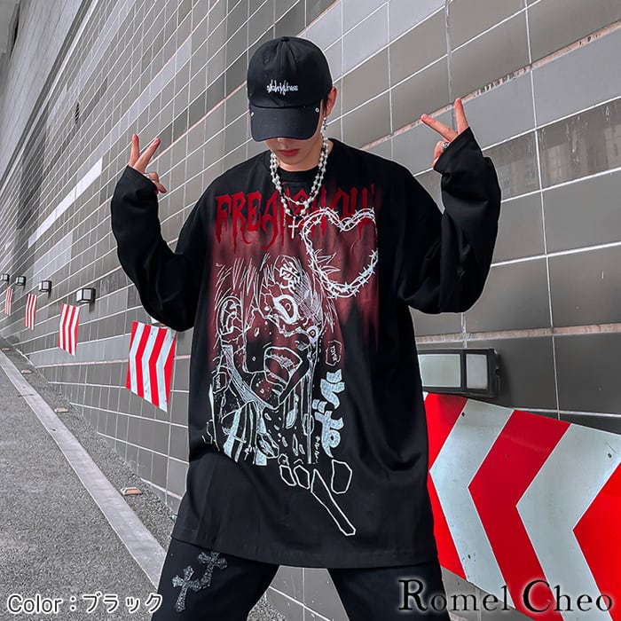 お支払い確認後20日以内発送】RomelCheo ダーク ホラー ハート 長袖 tシャツ ロング丈 ロンt イラスト プリント メンズ レディース  ビッグシルエット ゆったり ストリート系 原宿系 b系 個性的 個性派 ロック パンク ヒップホップ スケーター 病みかわ カジュアル ...