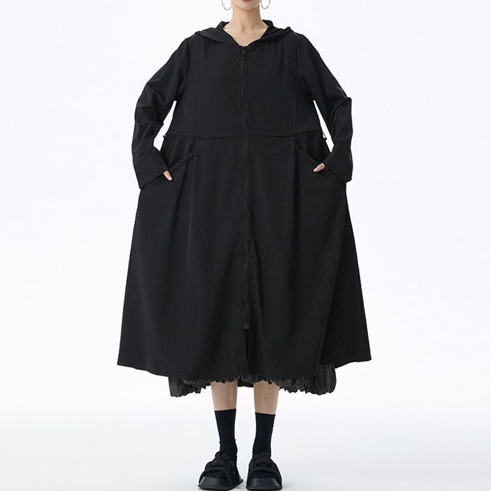 SOLID HOODED A-LINE MIDI FULLZIP WINDBREAKER COAT 2colors M-15142