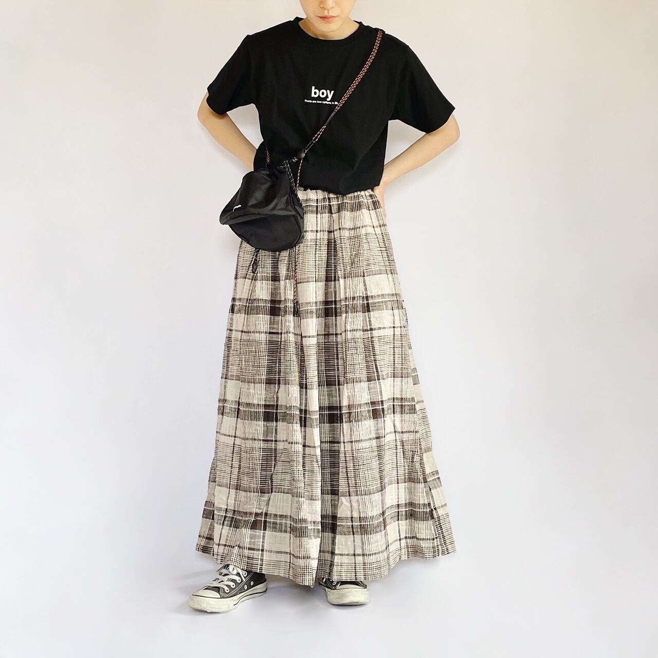 Slub check gather skirt