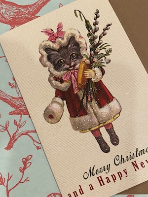 ドイツ製　クリスマス　猫　グリッター　赤ずきん　マント　グリーティングカード　