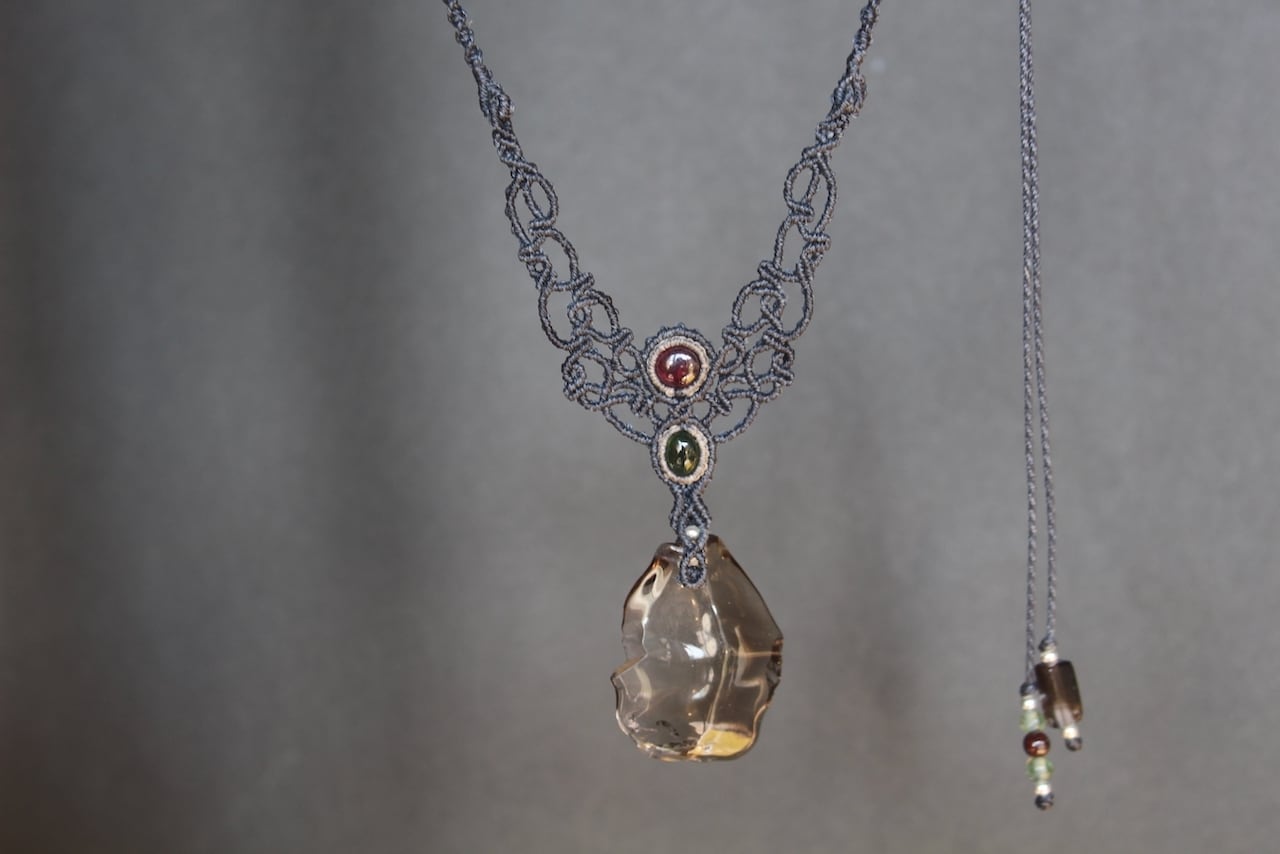 Healing Smoky quartz & Rhodolite Garnet & Peridot  micro macrame necklace