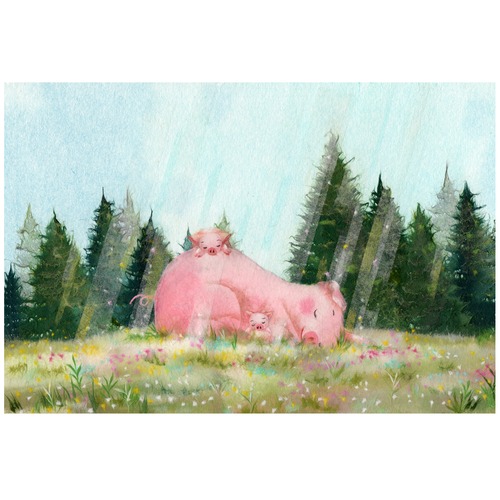 『お昼寝ぶたさん』　豚さん親子が気持ち良さそうにお昼寝　のんびりした気持ちになる春のイラスト　ポストカード