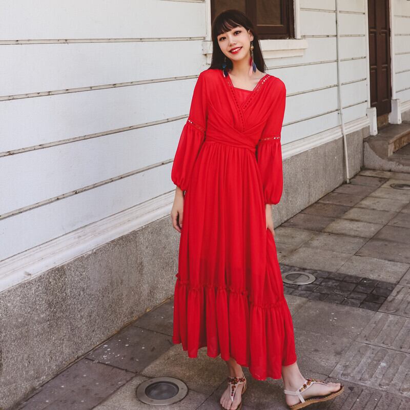 春と夏の雲南麗江ティーカードレトロな旅でpoドレスを着る砂漠の赤いドレススーパーフェアリービッグスイングドレス 延命家ファッション54322209533
