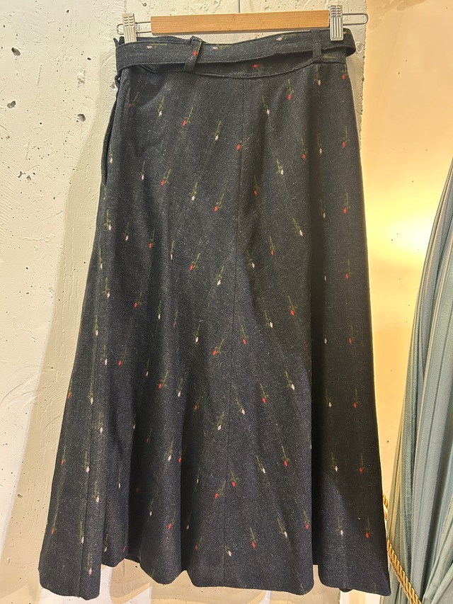 50's flower print gray wool skirt with belt