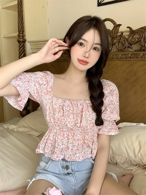 フローラルシャツ カラースリーブサマートップス ピンク 夏物 花柄 スクウェア ブラックストロベリース14917264582