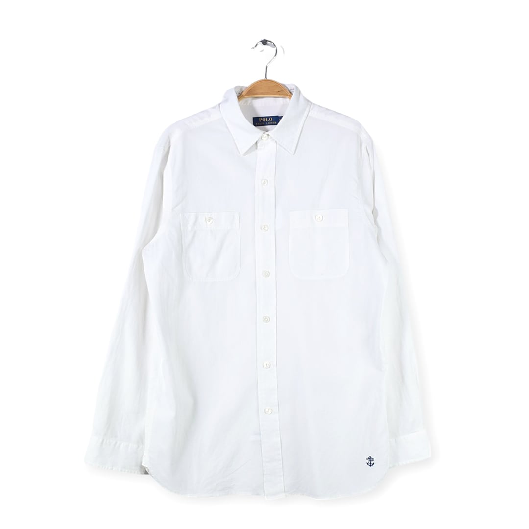 ポロ ラルフローレン シルク混 長袖コットンシャツ ワンポイントロゴ ホワイト マチ付き セーラータイプ POLO RALPH LAUREN メンズM 古着 @CA1456