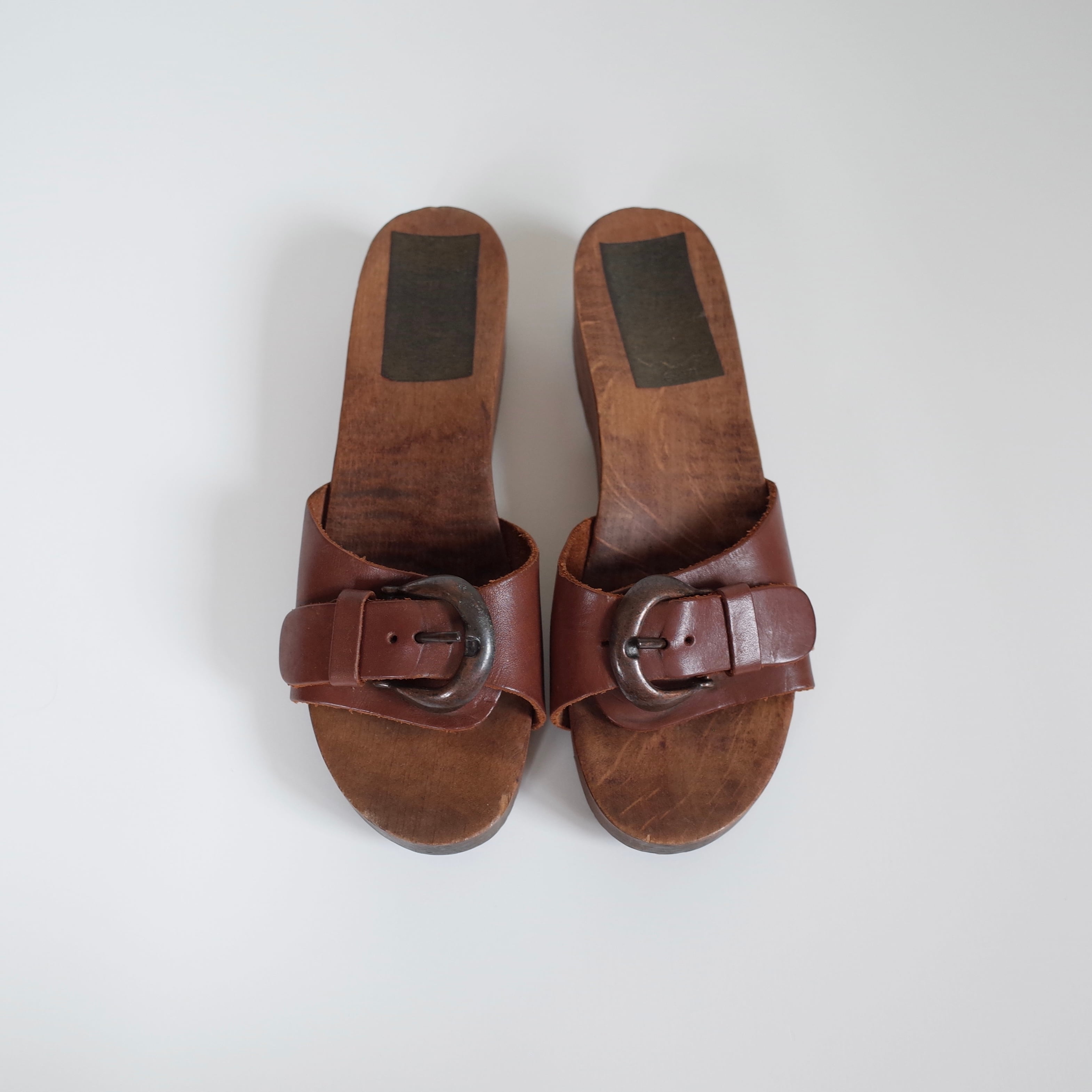70s leather buckled wood sole sandals