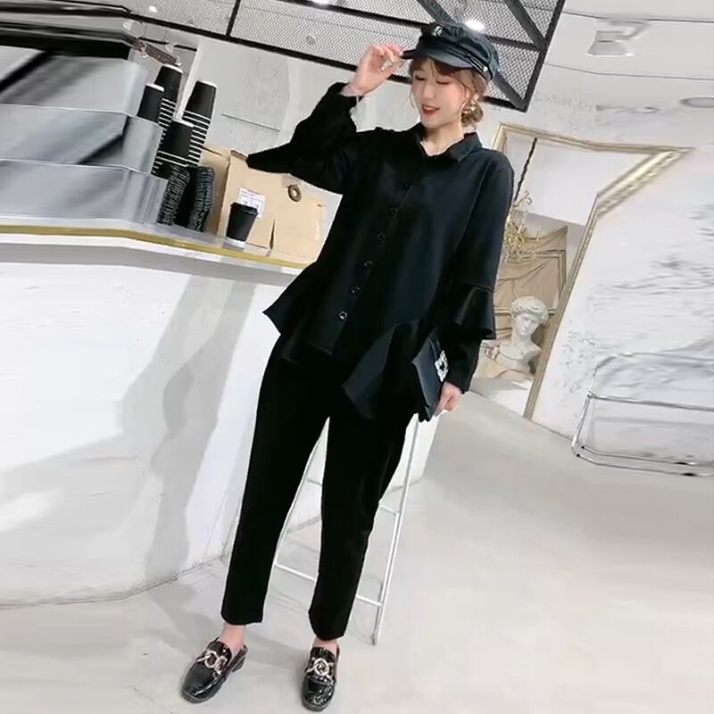 2020プラスサイズの女性の秋の服新しい西洋スタイルの年齢を減らす太った姉妹mmルーズで薄いツーピースのTシャツはお腹を覆っています ミックスインファッション20675251437