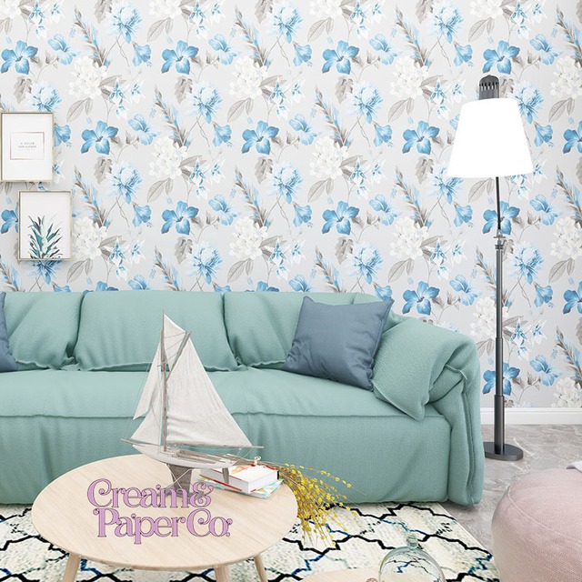 アッシュグレー × ブルー Tropical flower FL1-778002MT for DIY 53㎝×10m リピート53㎝