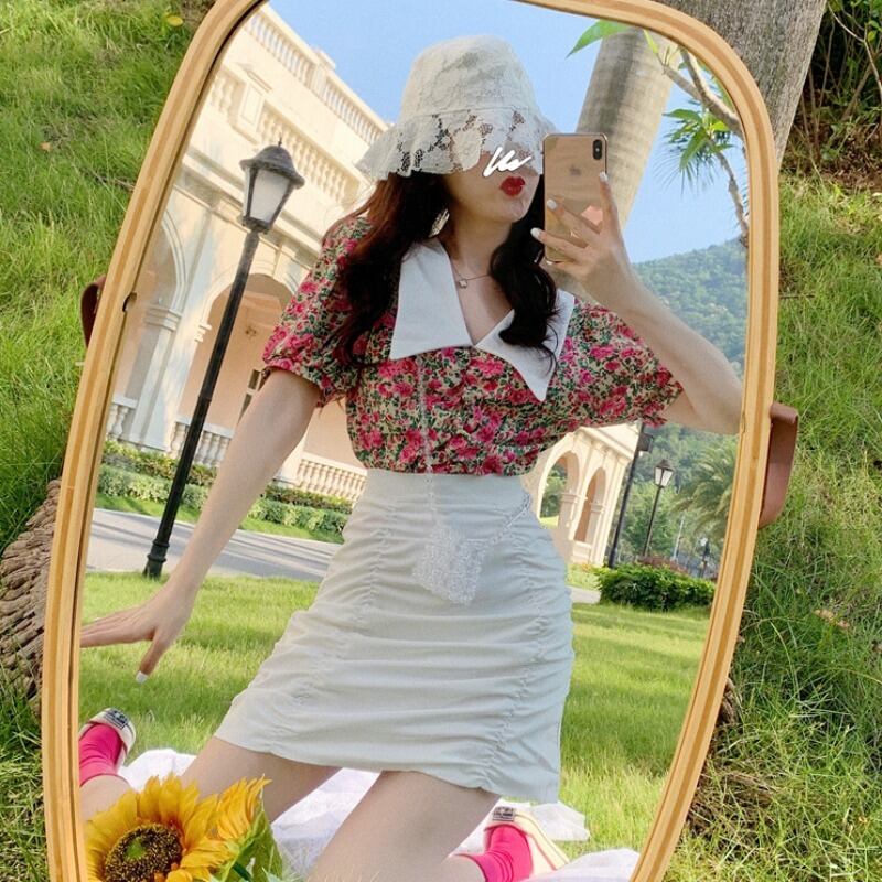 サマースタイルフローラルシャツ ハイウェストスカート 夏物 花柄 ハンチェンe37037927948