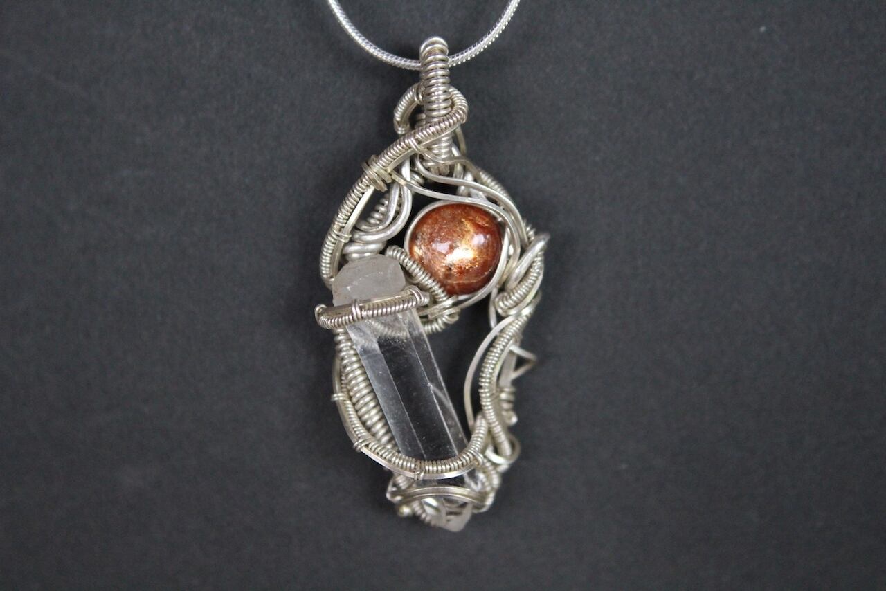 Sunstone & Crystal point  silver925 wire wrapping pendant