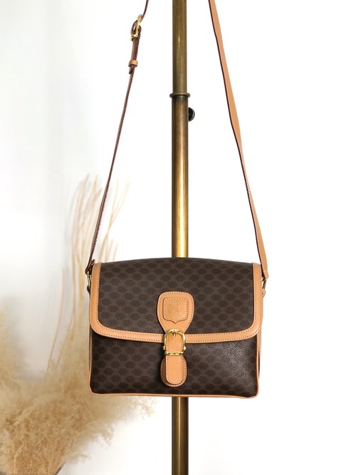 CELINE セリーヌ マカダム ショルダーバッグ ブラウン ブラゾン型押し PVC フロントバックル vintage ヴィンテージ オールド zfp76j