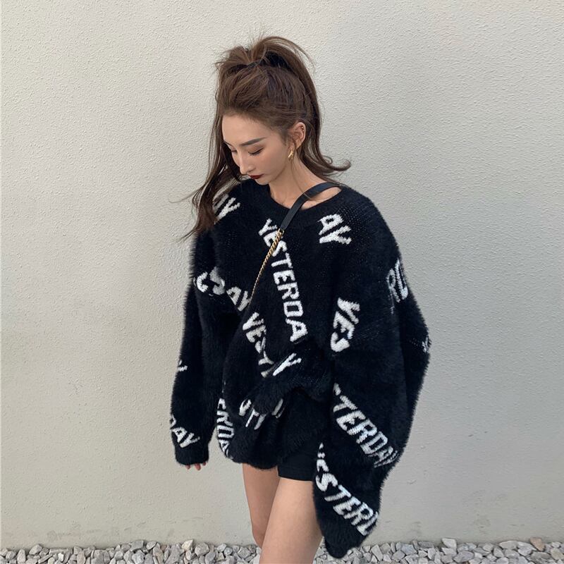 セーター ブラックニットオータムウィンターラウンドネックジャケット トップス 秋物 冬物 Oネック ブラックストロベリース54223800856