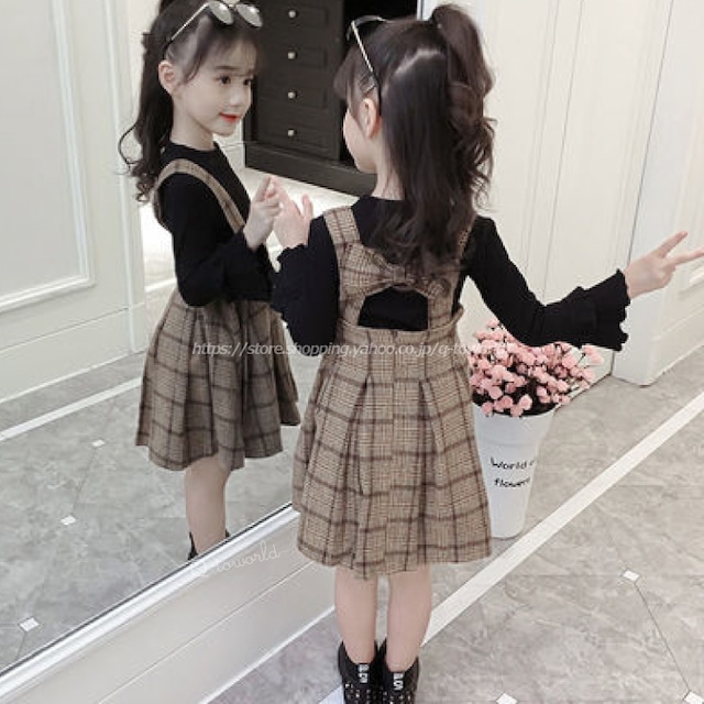 【110㎝-160㎝】 女の子 ワンピース ジュニア 2点セット サロペット ジャンパースカート 　秋　冬　子供服 キッズ ジュニア 　韓国子供服　女の子　男の子