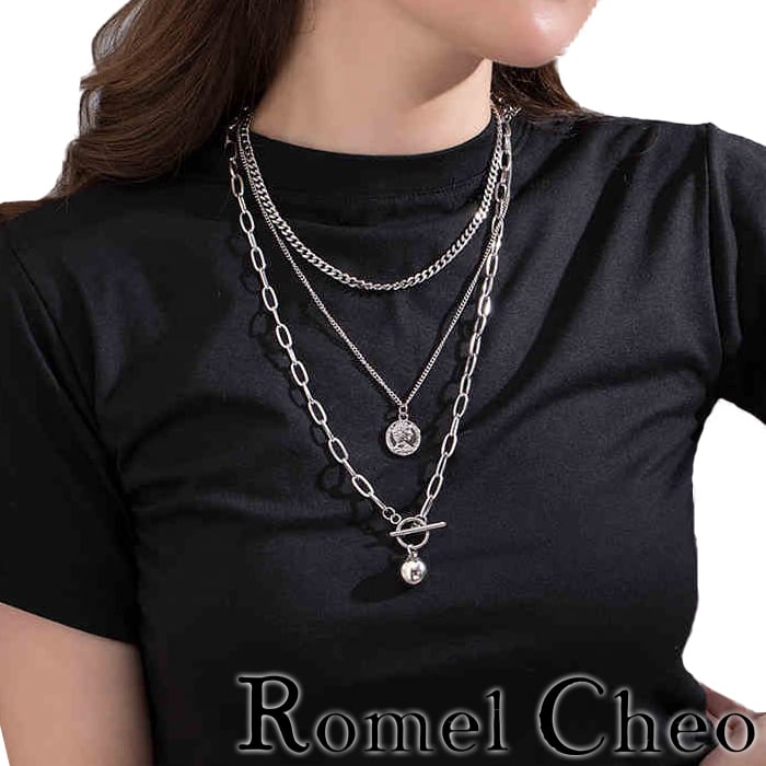 RomelCheo トリプル ネックレス セット 重ねづけ 3連 三連 チェーン アクセサリー メンズ レディース ペンダント コイン 韓国 ファッション ストリート系 原宿系 hiphop ヒップホップ ロック パンク カジュアル ロメルチェオ romelcheo シルバー 手錠 ネックレス 個性的 ロック メンズ レディース