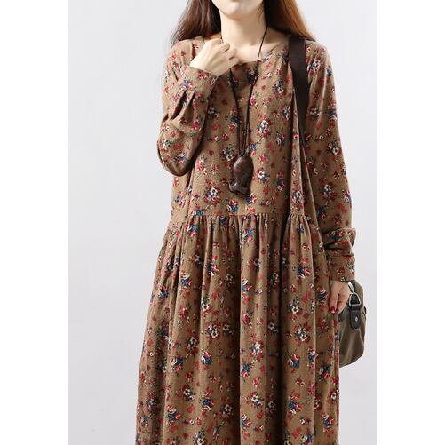 小花柄　花柄　ワンピース 長袖 シャツワンピ ロング丈 ベージュ