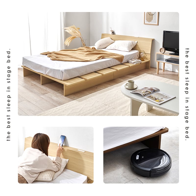 【組立式】耐荷重350kg セミダブルベッド 棚 コンセント付きステージベッド ボンネルコイルマットレスセット 2色展開 一人暮らし ワンルーム 幅140cm