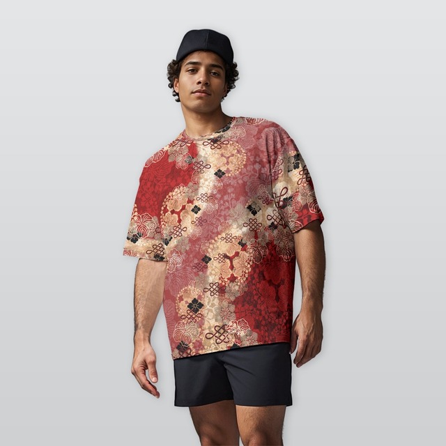 和紋様装飾　紅桃　和柄ヘビーウェイトコットンTシャツ