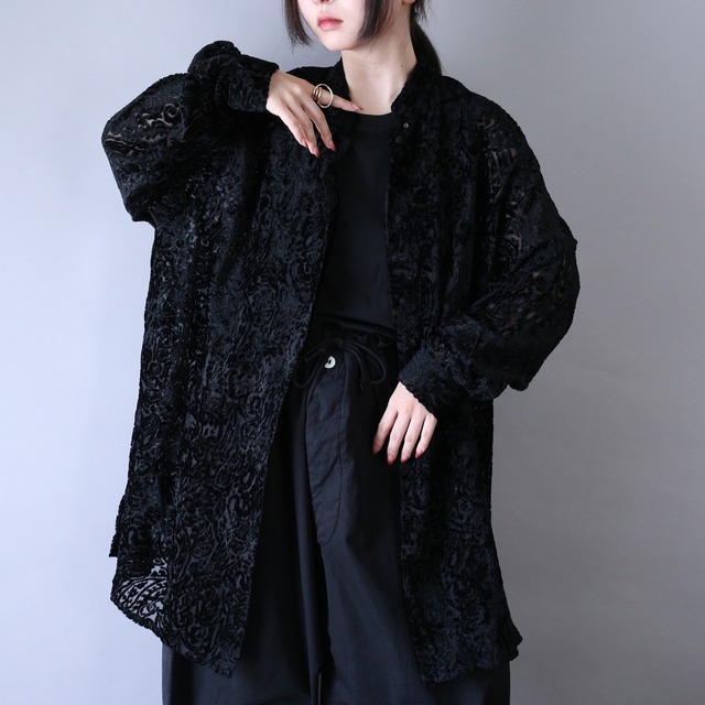 flower motif pattern velours fabric over silhouette sheer shirt