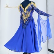 社交ダンス 衣装 スタンダードドレス スタンダード ドレス ワンピース フロート 青 デモ HISAYA ヒサヤ 競技 ゴールド 金 レース ブルー系 上品 高級感 フリル スパンコール フォーマル 特別イベント エレガント デザイン かわいい 可愛い 装飾 おしゃれ ダンス衣装 発表会 ステージ衣装 スタイリッシュ 上品
