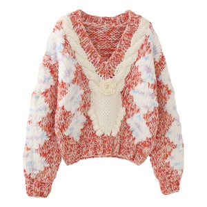 flower design v-neck sweater 3colors【2024121903】
