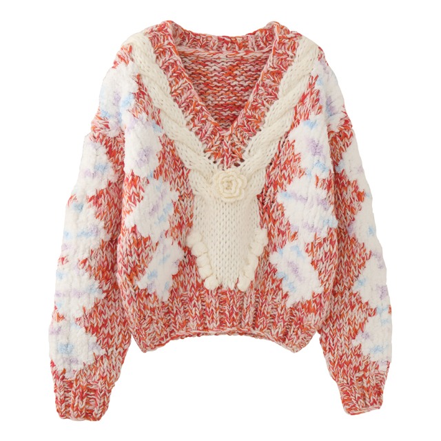 flower design v-neck sweater 3colors【2024121903】