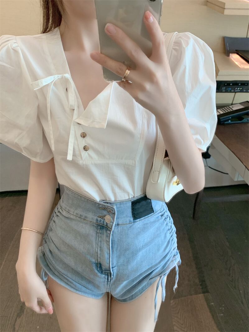 スリーブシャツ レディースサマーショートホワイト半袖トップス ハーフスリーブ 大人ガーリー スウィート キュート カジュアル 夏物 ブラックストロベリース34713206045