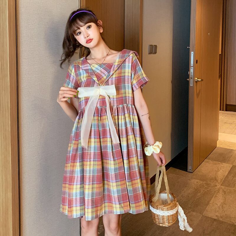 【新作】【送料無料】 マタニティウェア2020夏の新しい綿とリネンのチェックラペルドレス小さな新鮮なミドル丈のトレンディなマタニティドレス-アリババ コットン サマー 夏物 expec272181490693