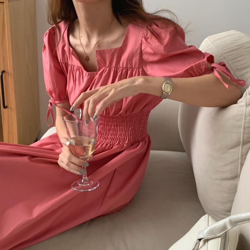 バンドスリーブドレス サマーストレッチウェストカラー エラスティック 伸縮 夏物 スクウェア ビッグFスモールZ韓国86439501894